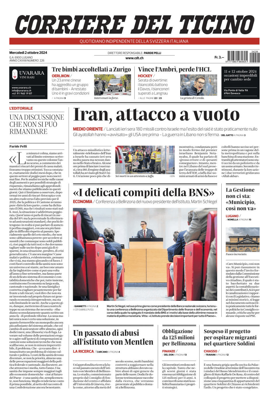 Prima-pagina-corriere-del-ticino-oggi-edizione-di-oggi-20241002