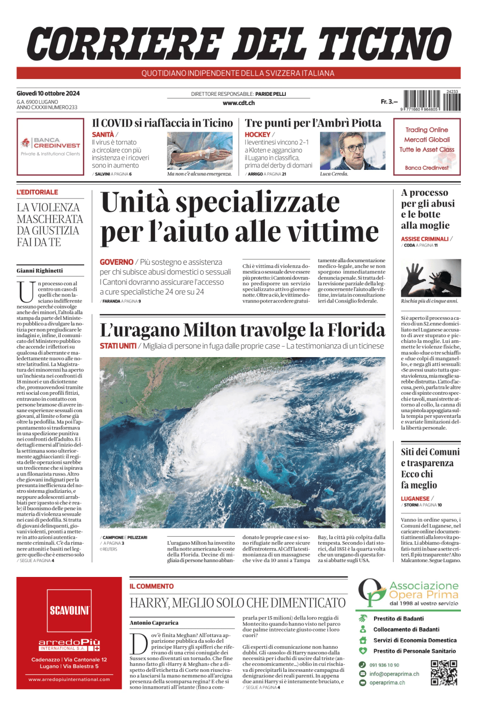 Prima-pagina-corriere-del-ticino-oggi-edizione-di-oggi-20241010