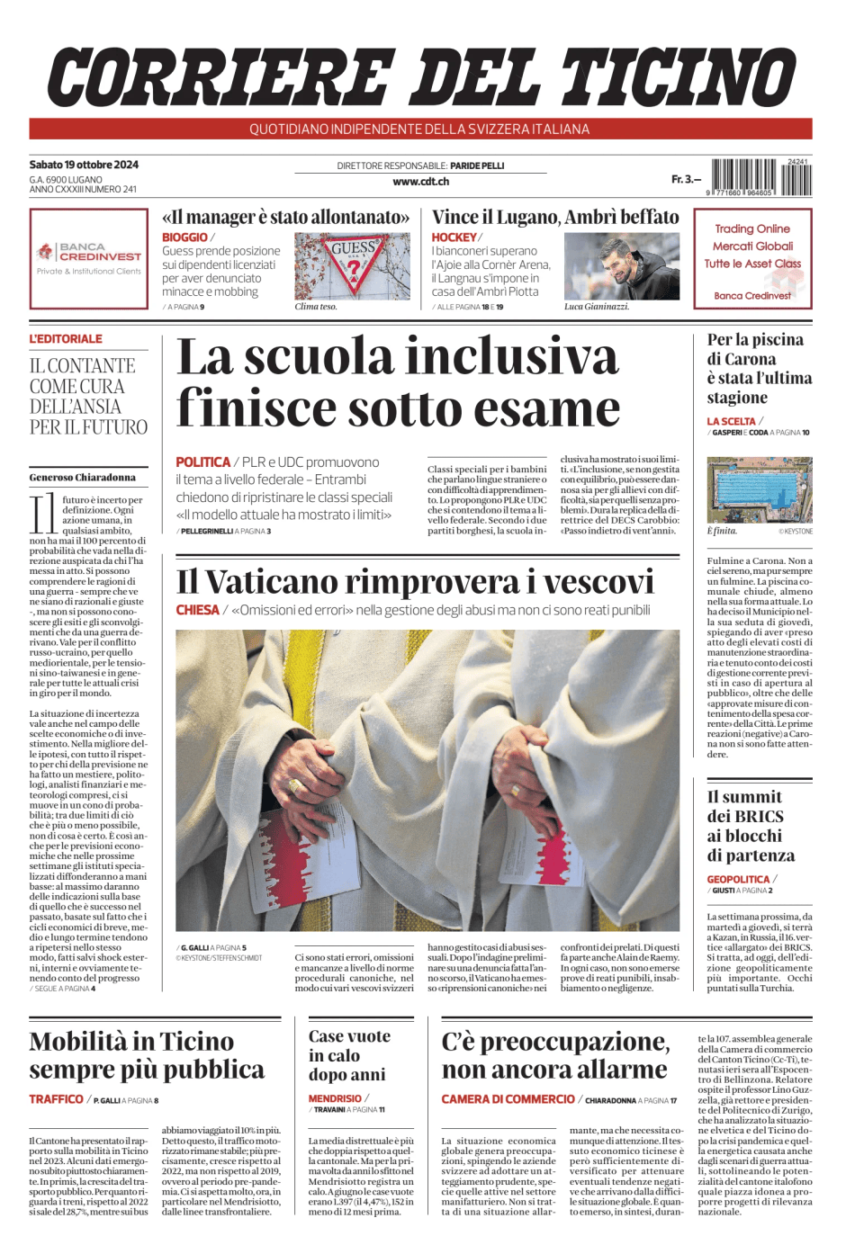 Prima-pagina-corriere-del-ticino-oggi-edizione-di-oggi-20241019