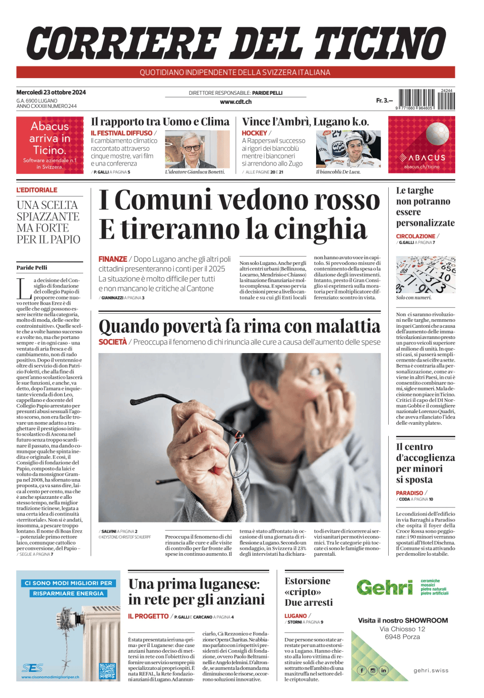 Prima-pagina-corriere-del-ticino-oggi-edizione-di-oggi-20241023