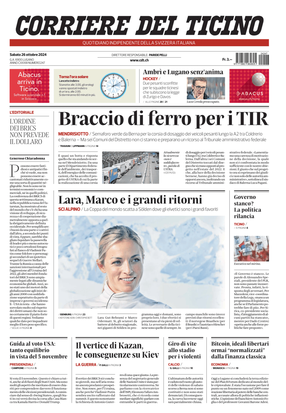 Prima-pagina-corriere-del-ticino-oggi-edizione-di-oggi-20241026