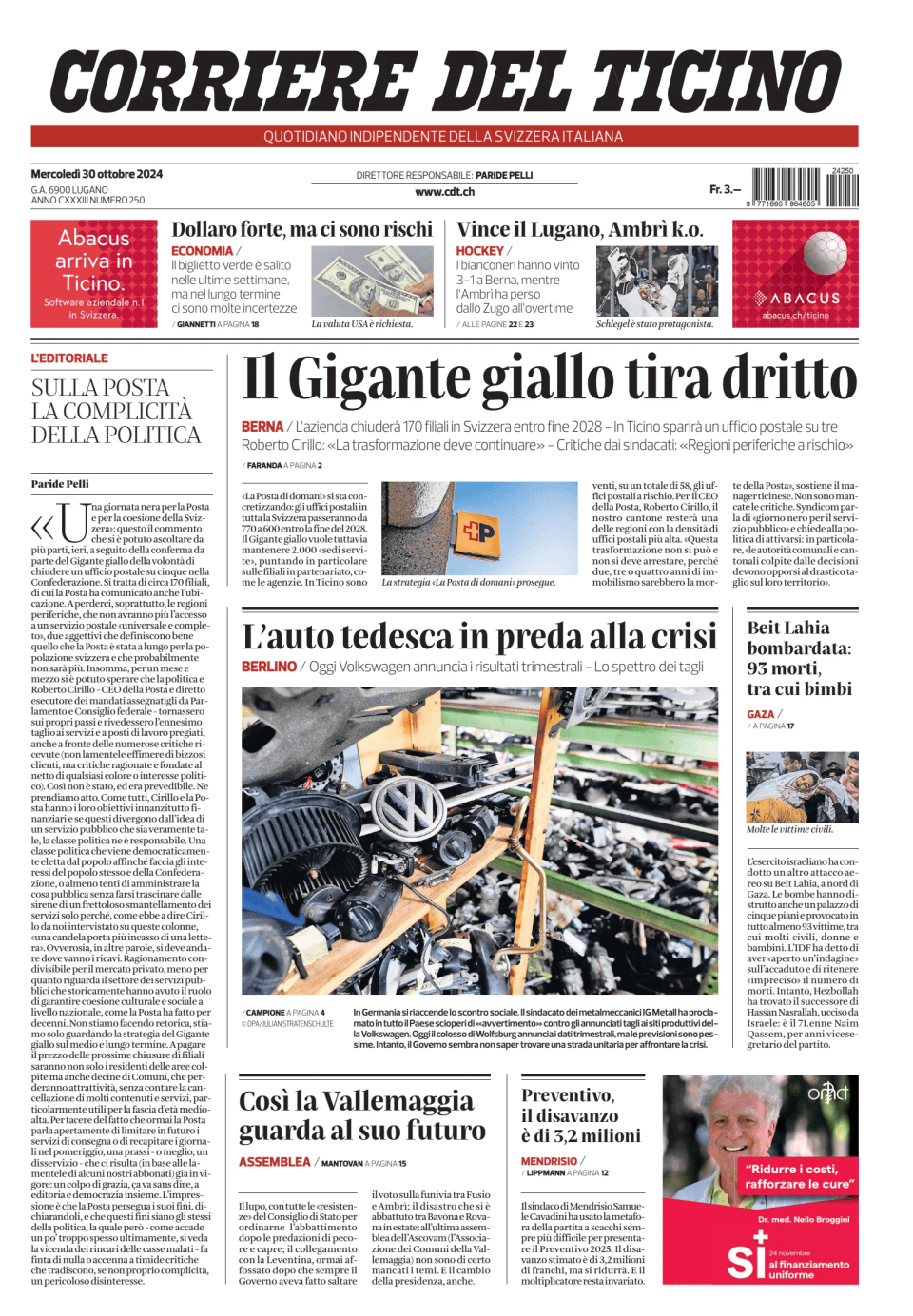 Prima-pagina-corriere-del-ticino-oggi-edizione-di-oggi-20241030