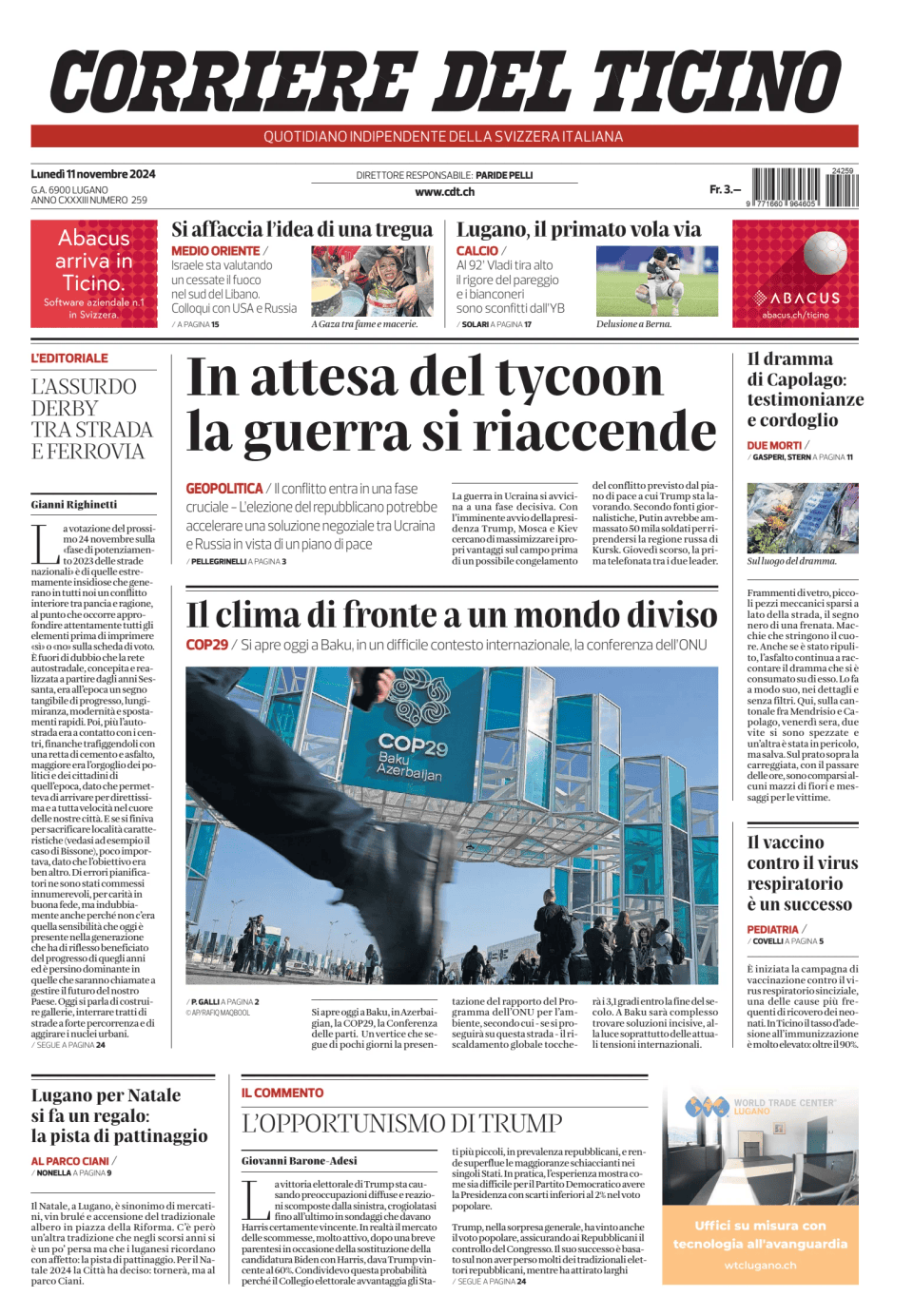 Prima-pagina-corriere-del-ticino-oggi-edizione-di-oggi-20241111