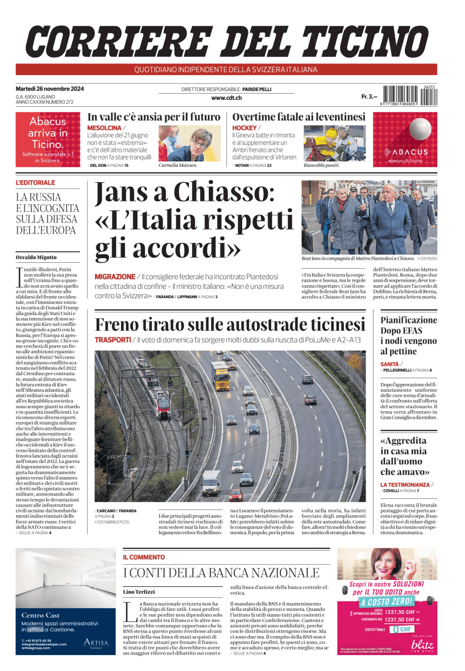 Prima-pagina-corriere-del-ticino-oggi-edizione-di-oggi-20241126