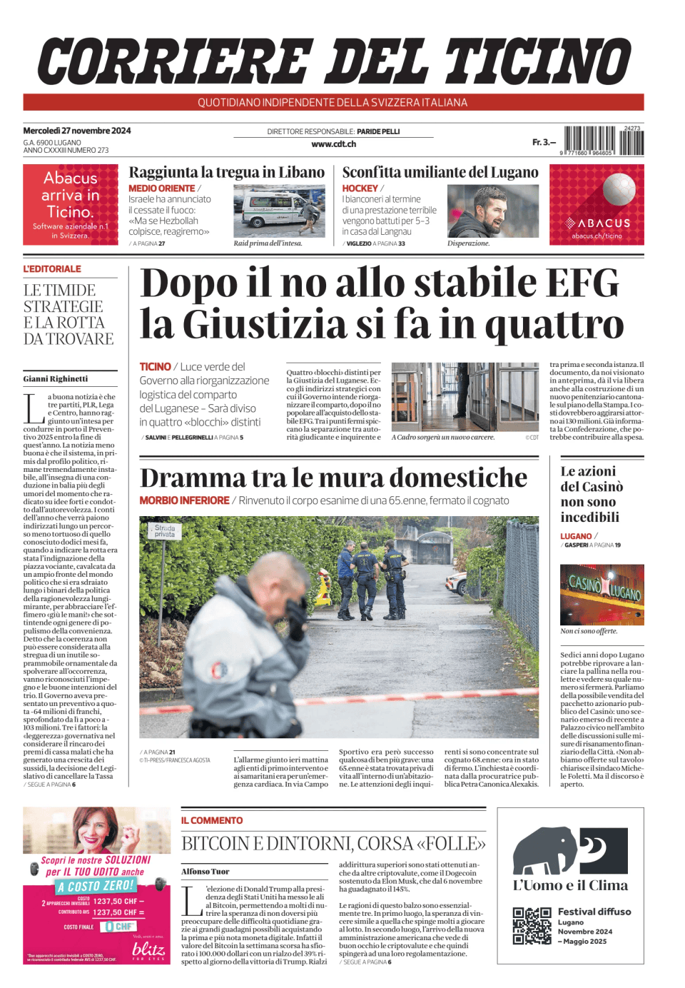 Prima-pagina-corriere-del-ticino-oggi-edizione-di-oggi-20241127