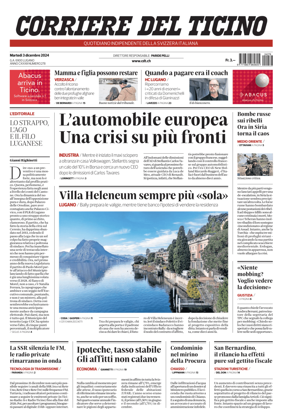 Prima-pagina-corriere-del-ticino-oggi-edizione-di-oggi-20241203