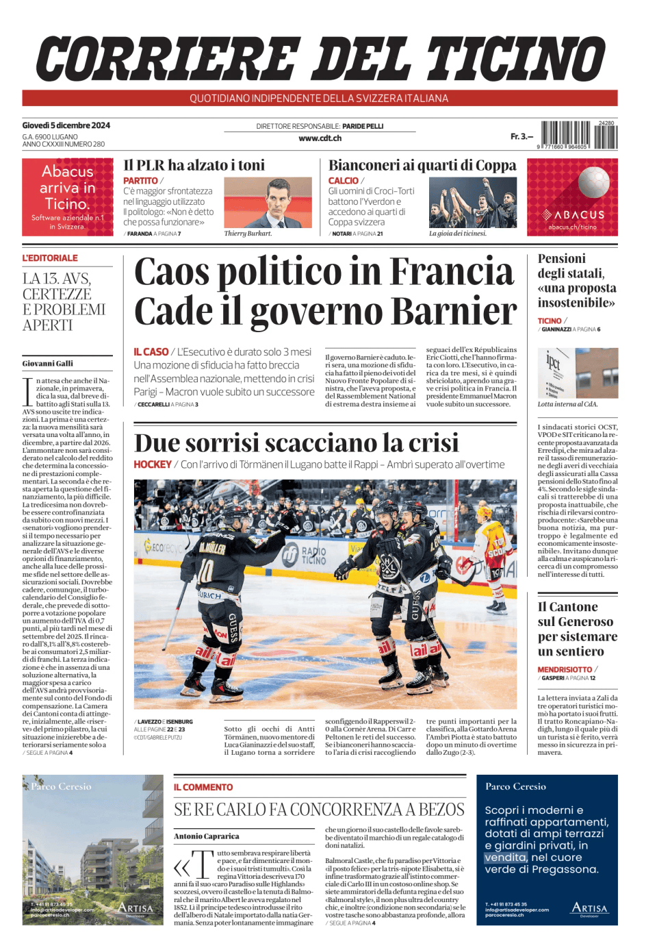 Prima-pagina-corriere-del-ticino-oggi-edizione-di-oggi-20241205