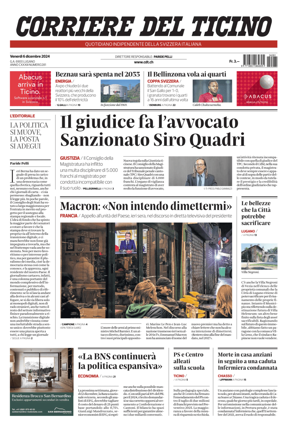 Prima-pagina-corriere-del-ticino-oggi-edizione-di-oggi-20241206