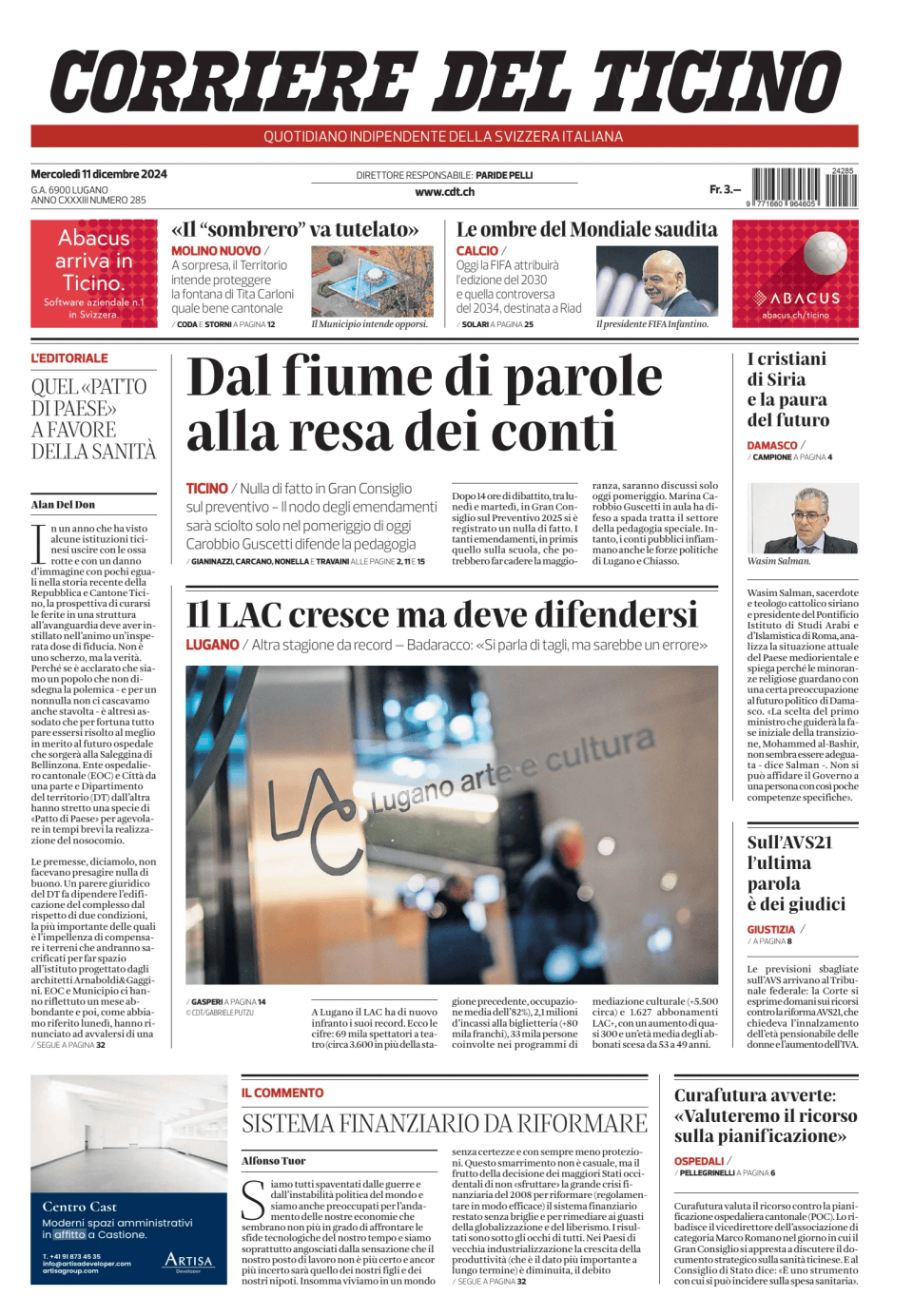 Prima-pagina-corriere-del-ticino-oggi-edizione-di-oggi-20241211