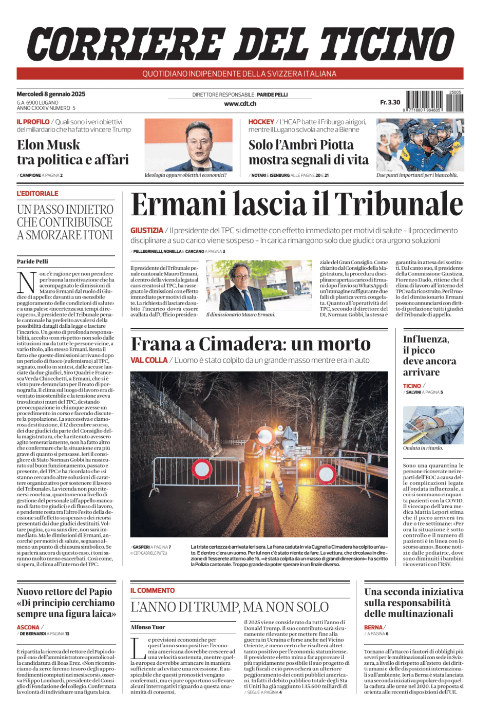 Prima-pagina-corriere-del-ticino-oggi-edizione-di-oggi-20250108