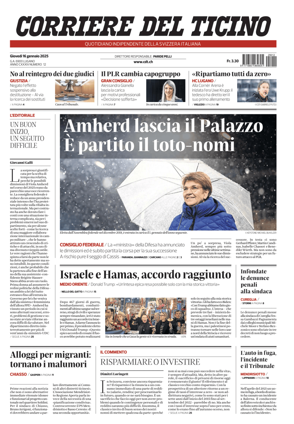 Prima-pagina-corriere-del-ticino-oggi-edizione-di-oggi-20250116