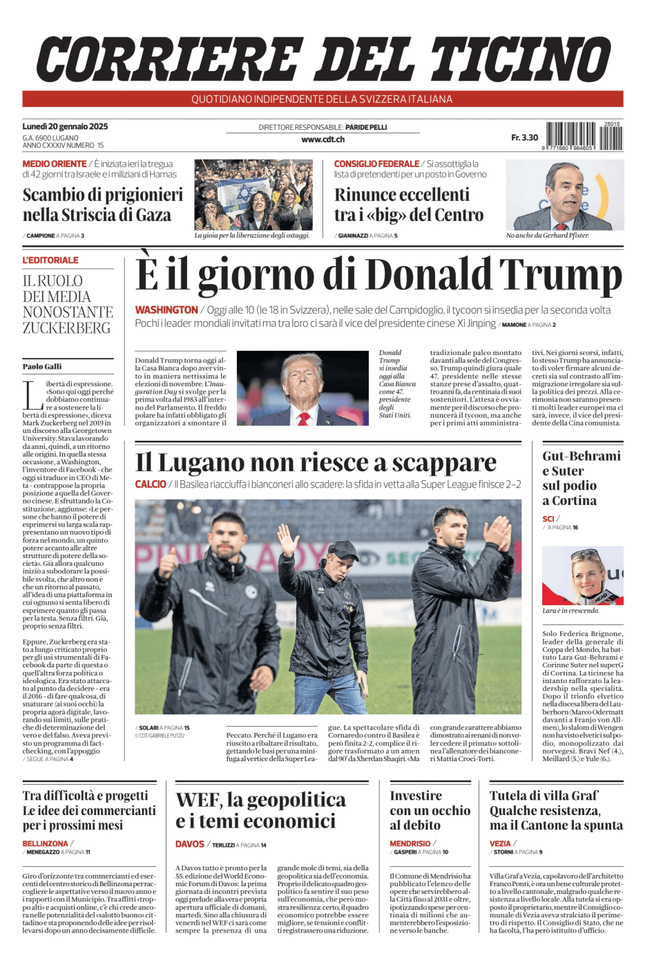 Prima-pagina-corriere-del-ticino-oggi-edizione-di-oggi-20250120