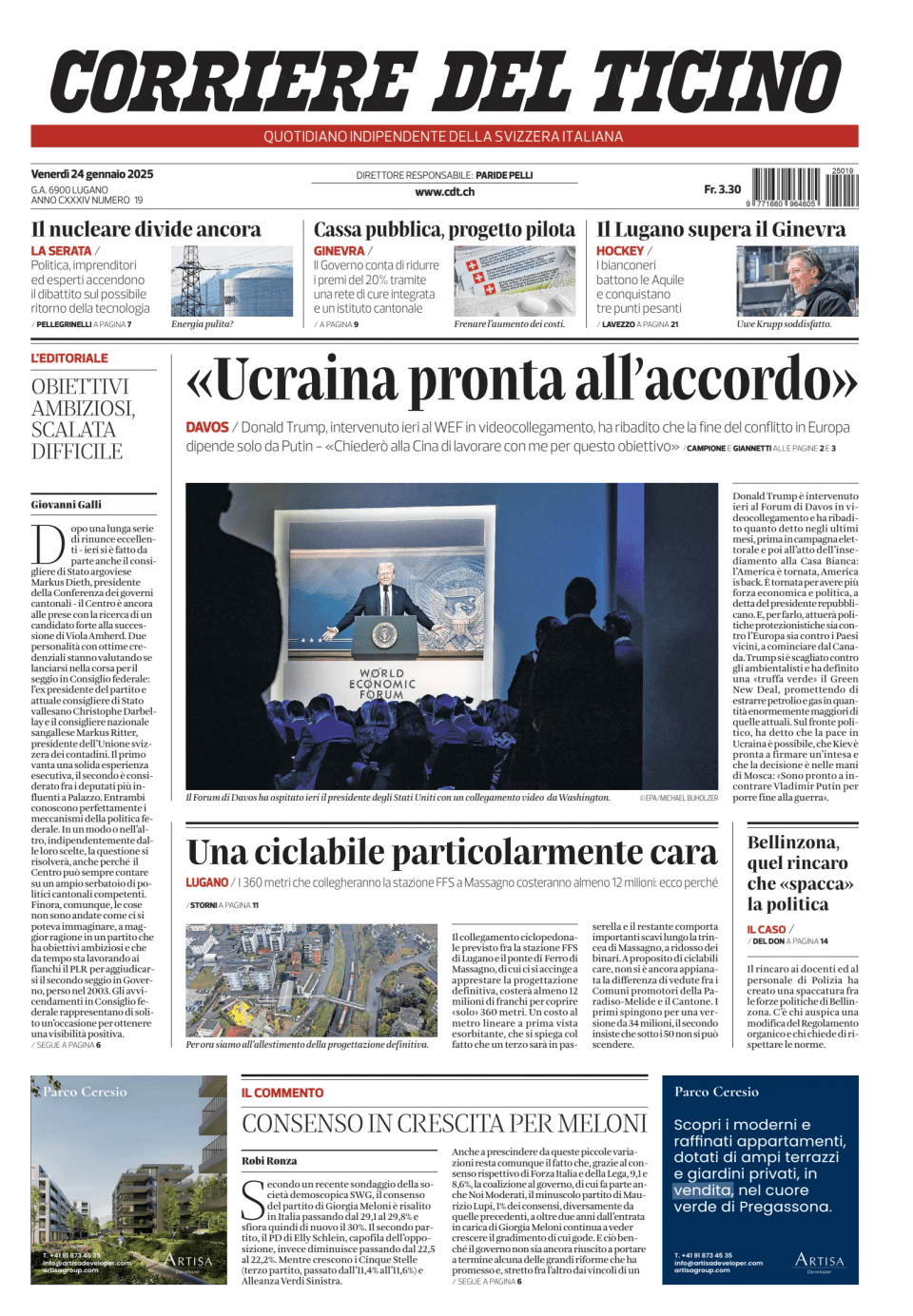 Prima-pagina-corriere-del-ticino-oggi-edizione-di-oggi-20250124