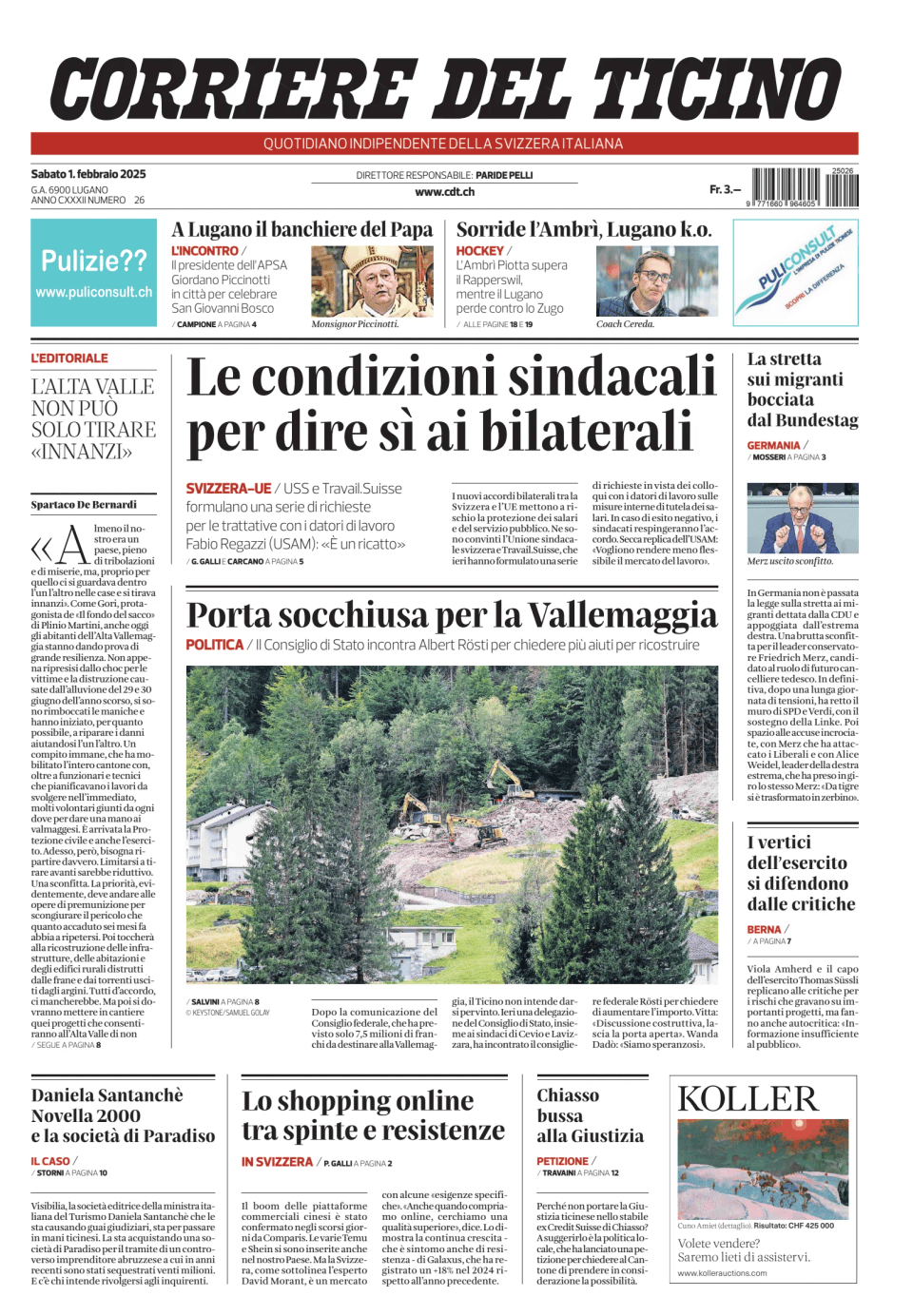 Prima-pagina-corriere-del-ticino-oggi-edizione-di-oggi-20250201