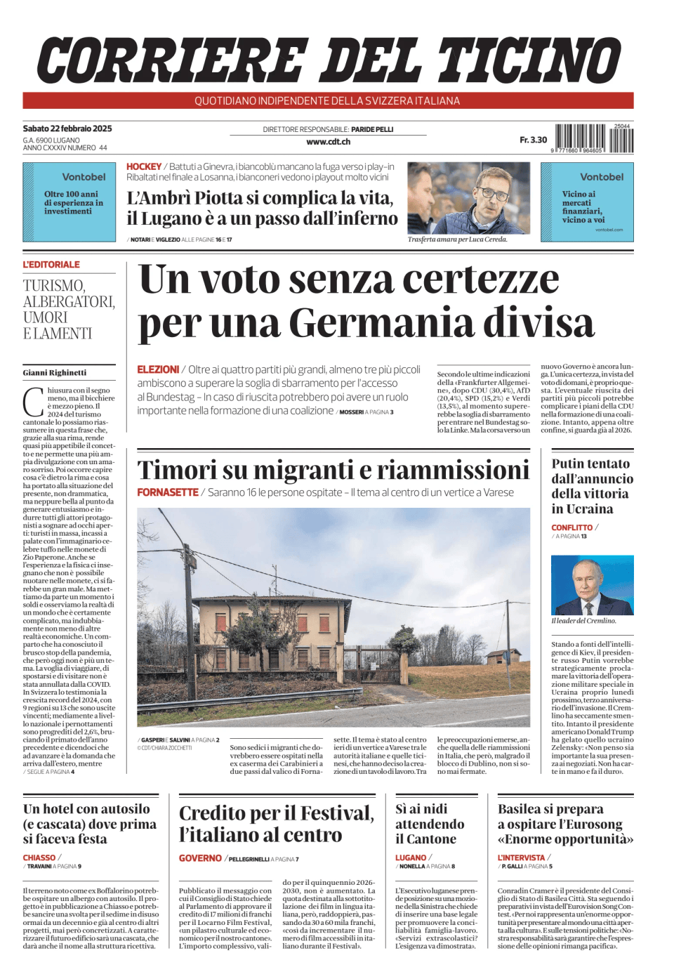 Prima-pagina-corriere-del-ticino-oggi-edizione-di-oggi-20250222