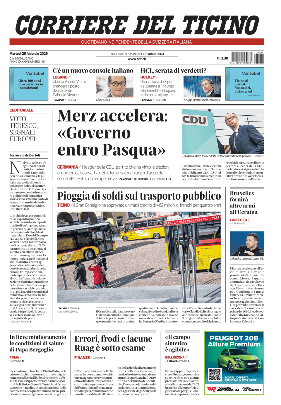 Prima-pagina-corriere-del-ticino-oggi-edizione-di-oggi-20250225