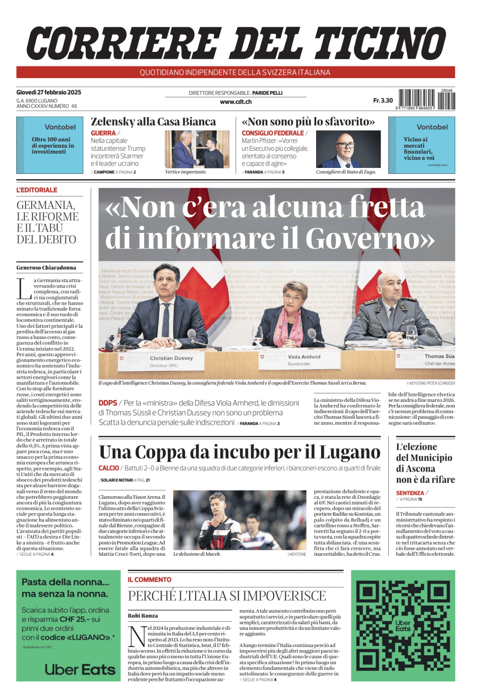 Prima-pagina-corriere-del-ticino-oggi-edizione-di-oggi-20250227