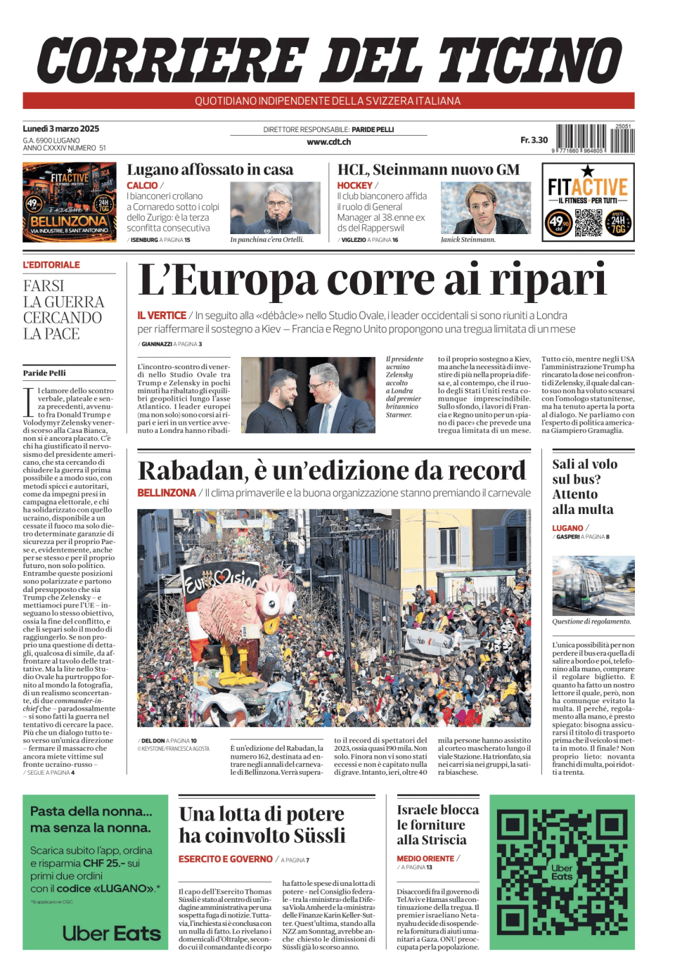 Prima-pagina-corriere-del-ticino-oggi-edizione-di-oggi-20250303