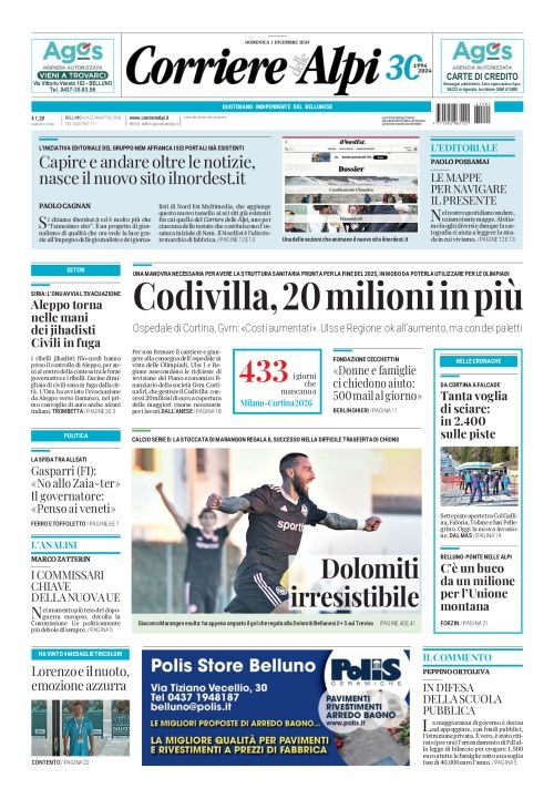 Prima-pagina-corriere_delle_alpi-edizione-di-oggi-01-12-2024