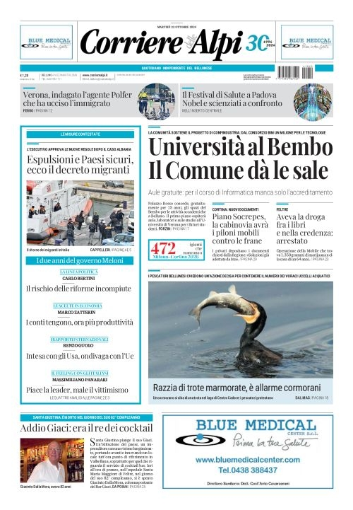 Prima-pagina-corriere_delle_alpi-edizione-di-oggi-22-10-2024