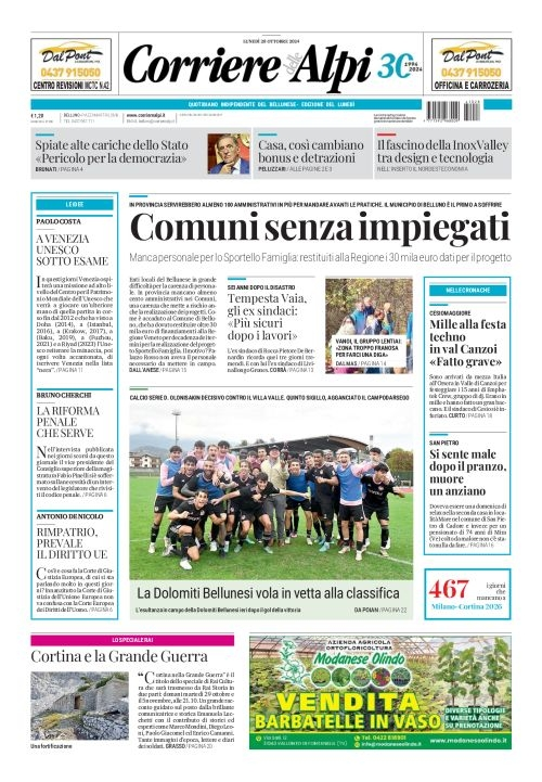 Prima-pagina-corriere_delle_alpi-edizione-di-oggi-28-10-2024