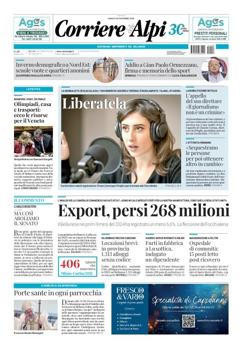 Prima-pagina-corriere_delle_alpi-edizione-di-oggi-28-12-2024