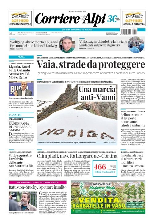 Prima-pagina-corriere_delle_alpi-edizione-di-oggi-29-10-2024