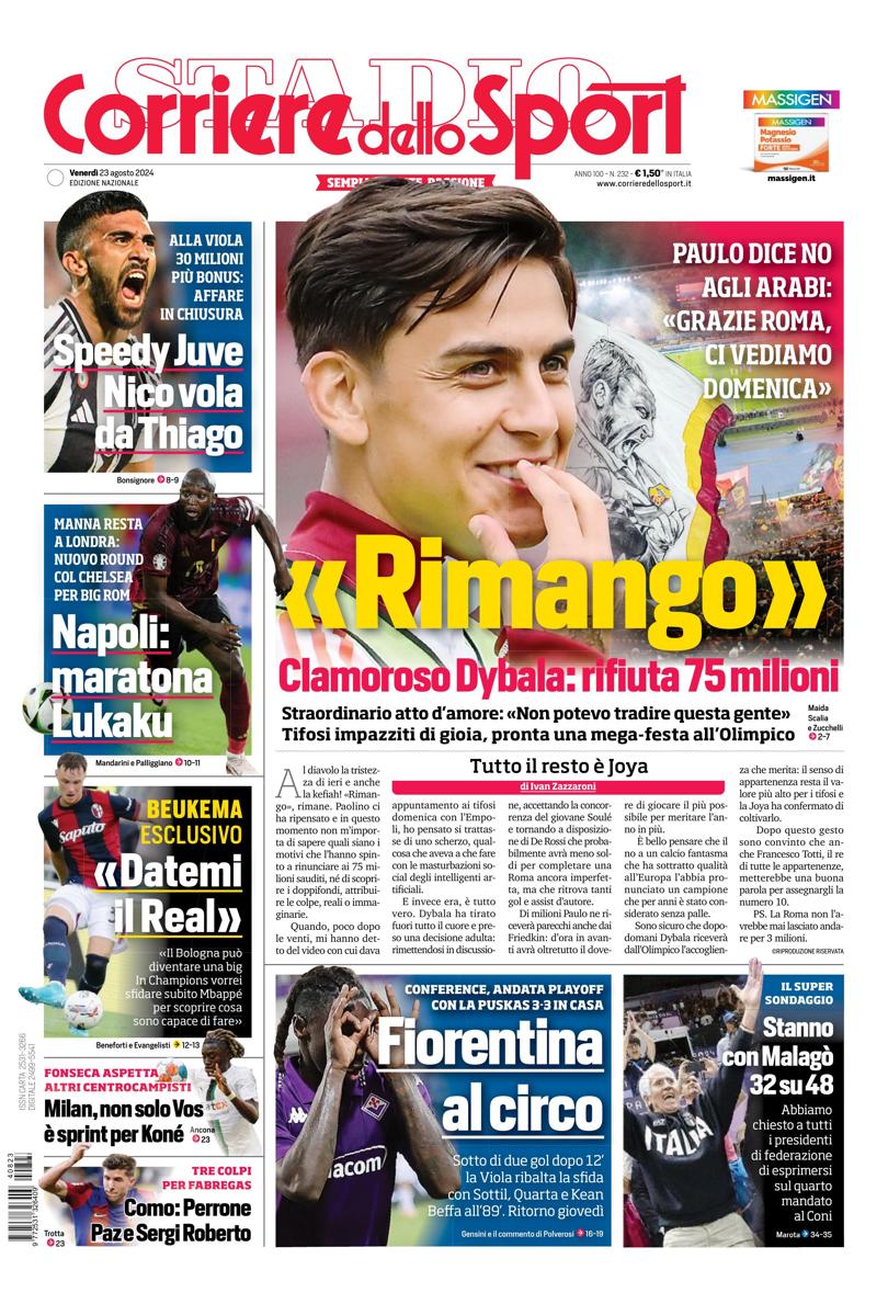 Prima-pagina-corriere-dello-sport-edizione-di-oggi-23-08-2024