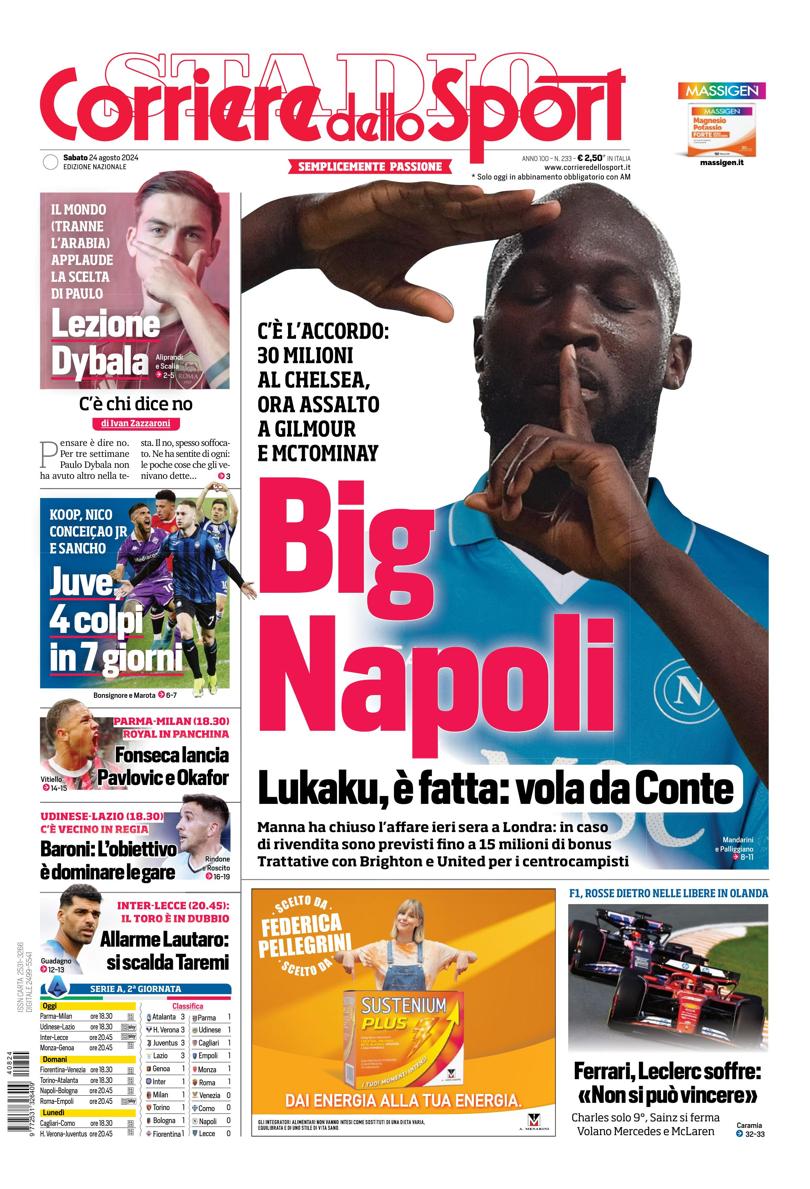 Prima-pagina-corriere-dello-sport-edizione-di-oggi-24-08-2024