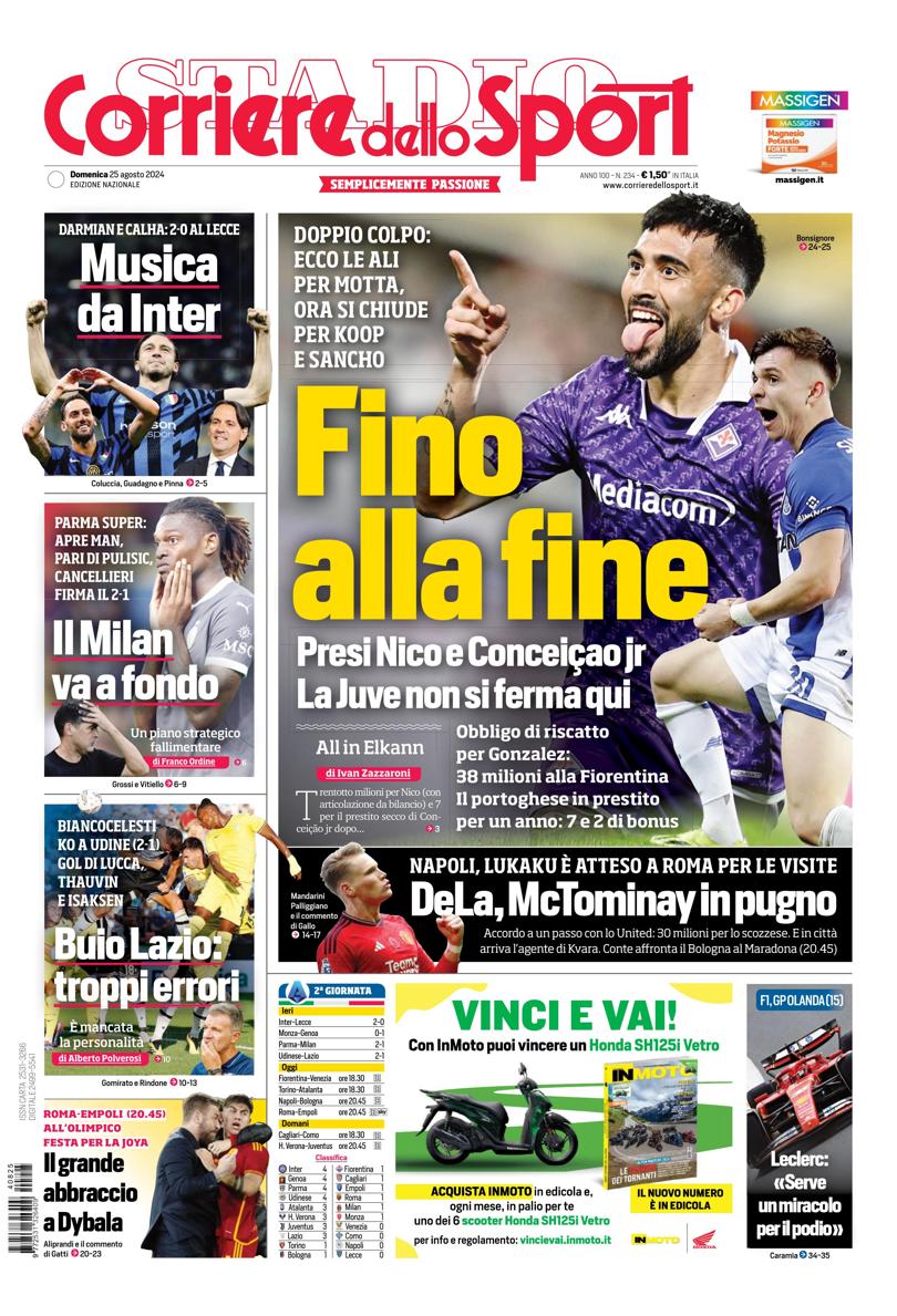 Prima-pagina-corriere-dello-sport-edizione-di-oggi-25-08-2024