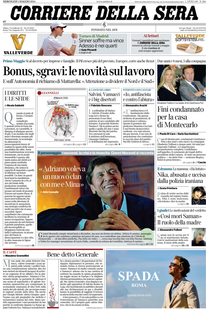 Prima-pagina-del-corriere-della-sera-edizione-di-oggi-01-05-2024