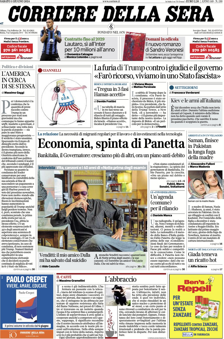 Prima-pagina-del-corriere-della-sera-edizione-di-oggi-01-06-2024