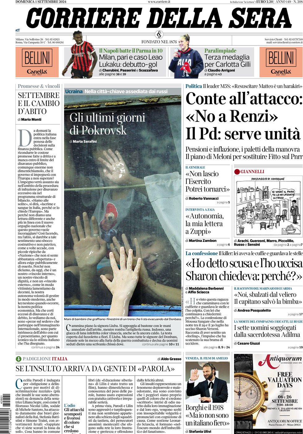 Prima-pagina-del-corriere-della-sera-edizione-di-oggi-01-09-2024