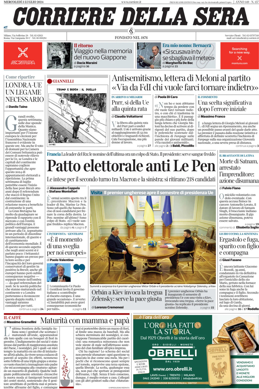 Prima-pagina-del-corriere-della-sera-edizione-di-oggi-03-07-2024