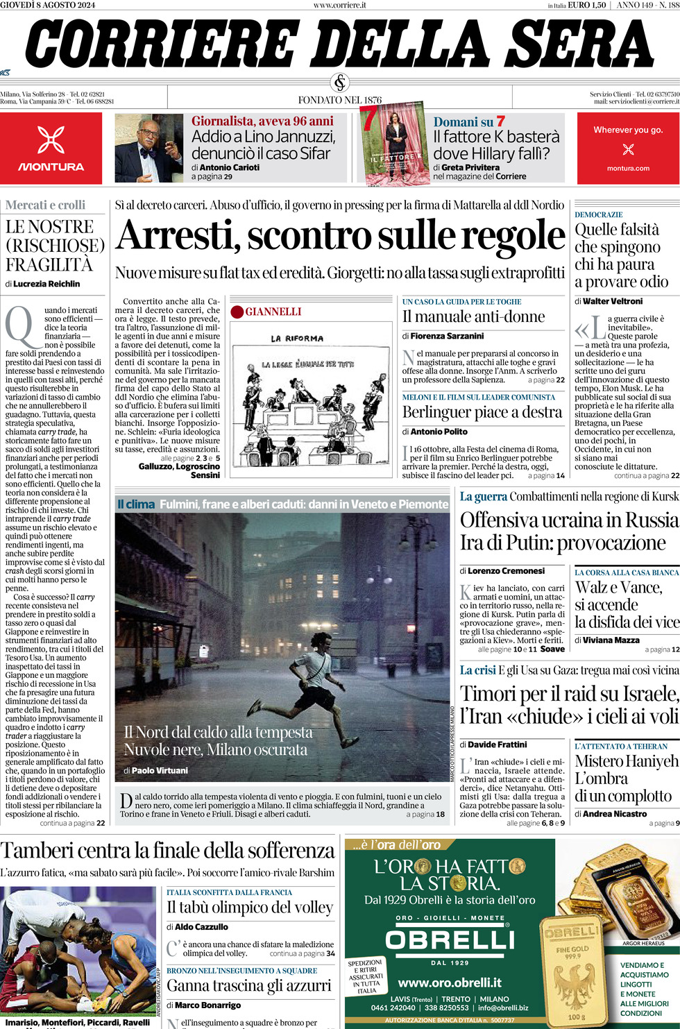 Prima-pagina-del-corriere-della-sera-edizione-di-oggi-08-08-2024