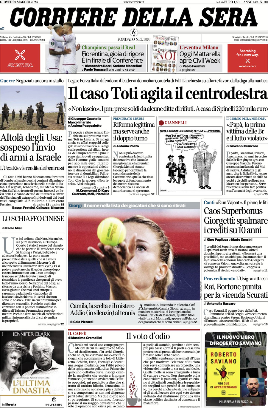 Prima-pagina-del-corriere-della-sera-edizione-di-oggi-09-05-2024