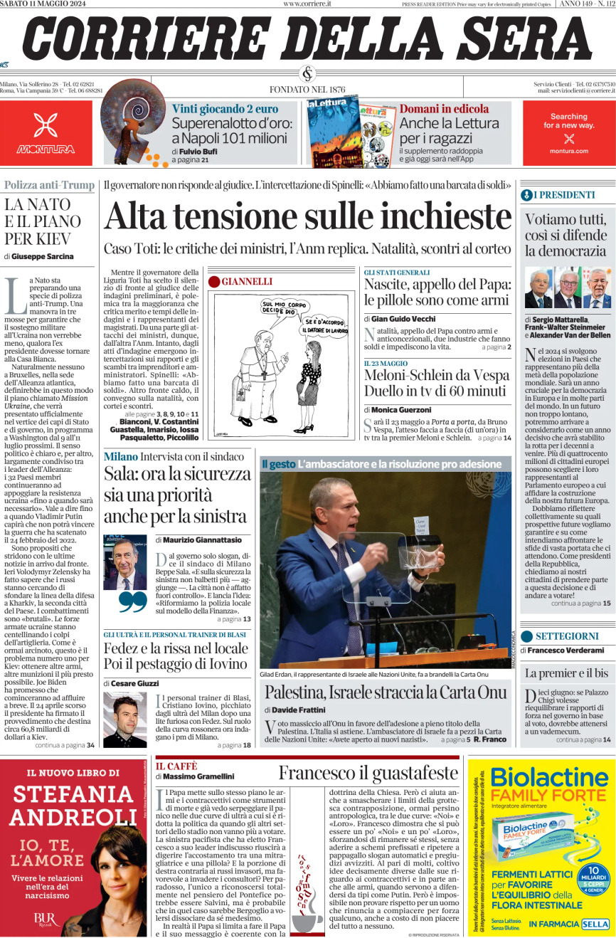 Prima-pagina-del-corriere-della-sera-edizione-di-oggi-11-05-2024