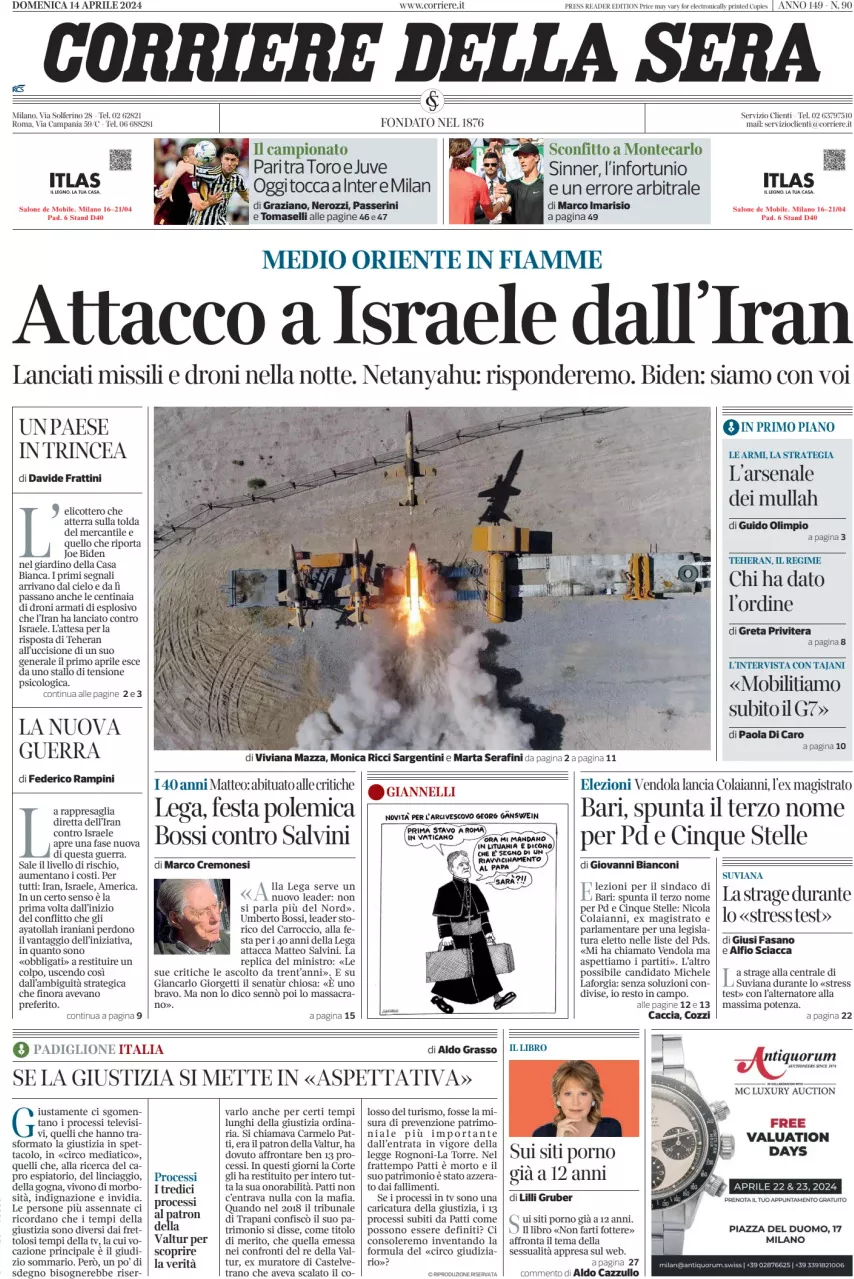 Prima-pagina-del-corriere-della-sera-edizione-di-oggi-14-04-2024