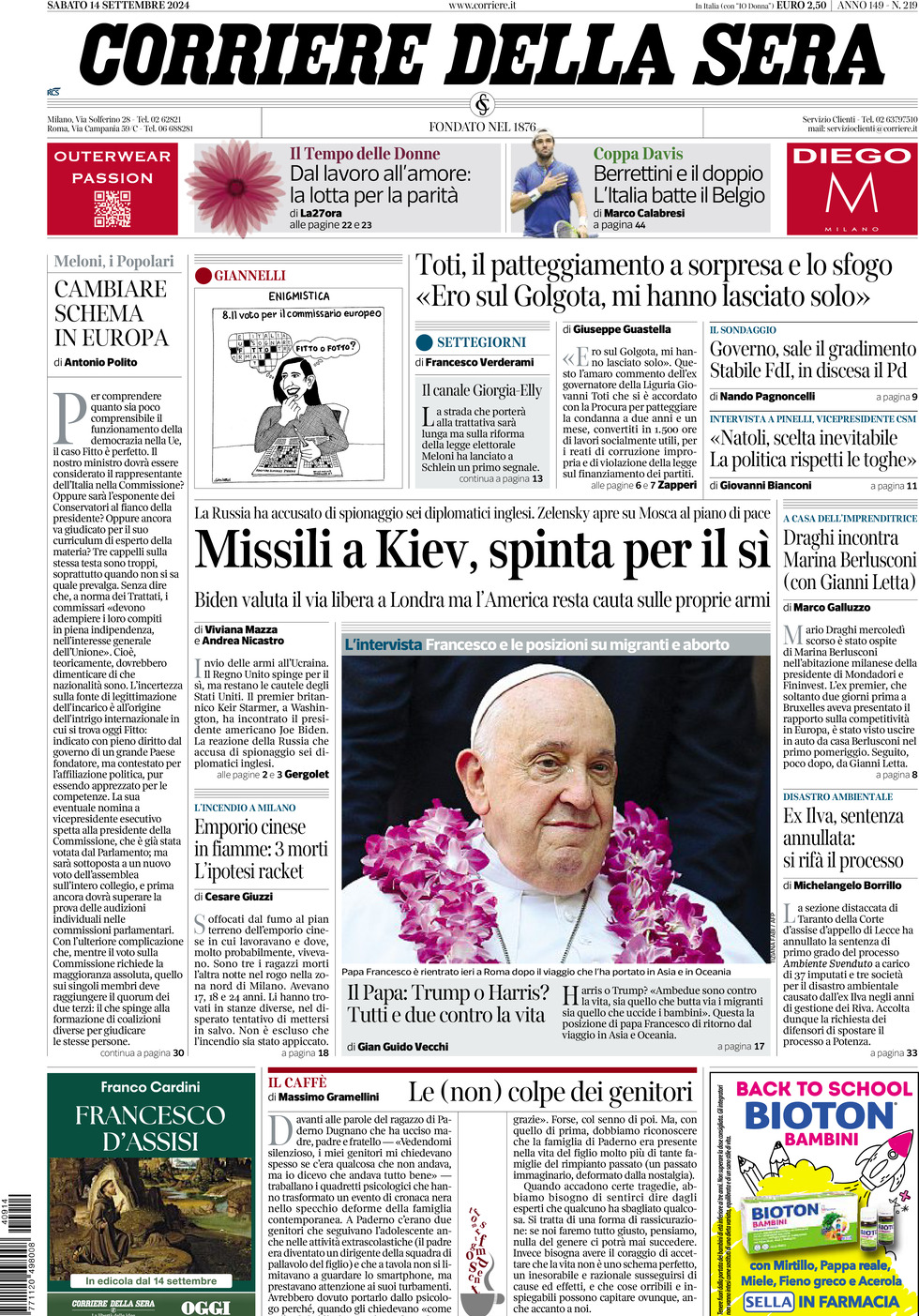 Prima-pagina-del-corriere-della-sera-edizione-di-oggi-14-09-2024