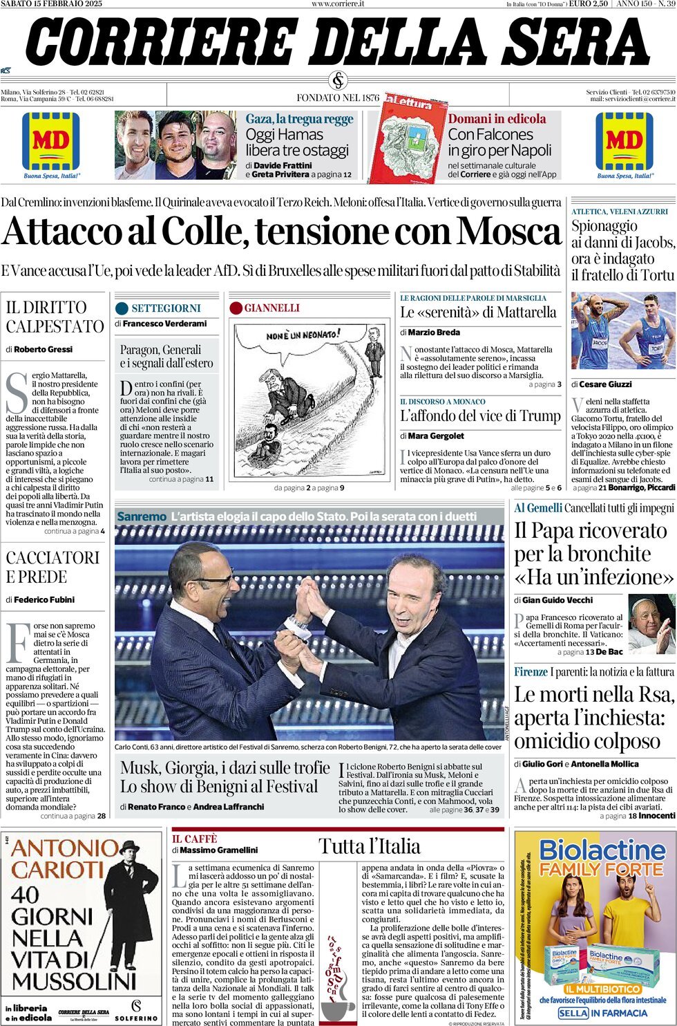 Prima-pagina-del-corriere-della-sera-edizione-di-oggi-15-02-2025