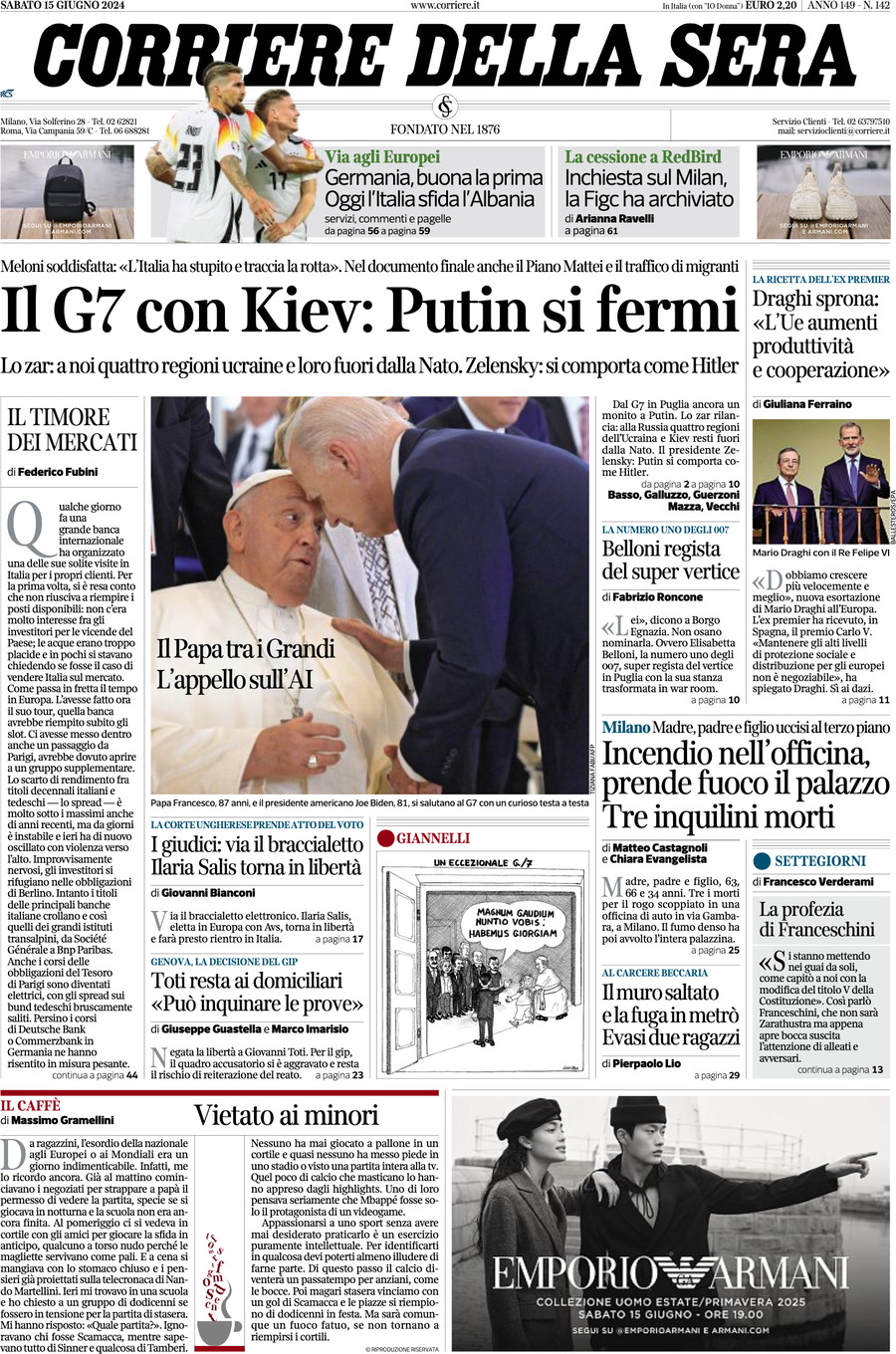 Prima-pagina-del-corriere-della-sera-edizione-di-oggi-15-06-2024