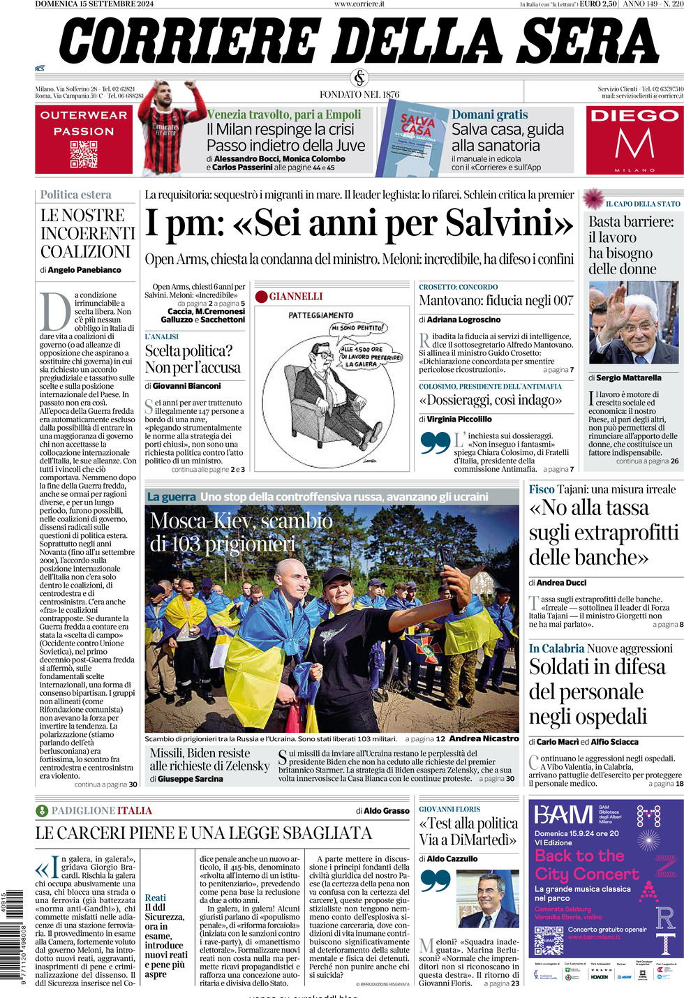 Prima-pagina-del-corriere-della-sera-edizione-di-oggi-15-09-2024