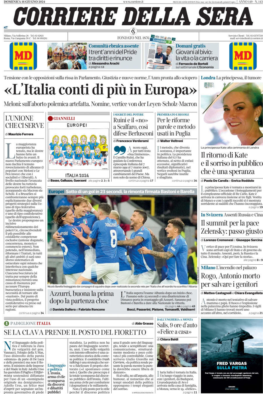 Prima-pagina-del-corriere-della-sera-edizione-di-oggi-16-06-2024