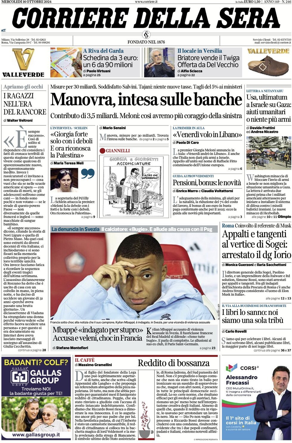 Prima-pagina-del-corriere-della-sera-edizione-di-oggi-16-10-2024