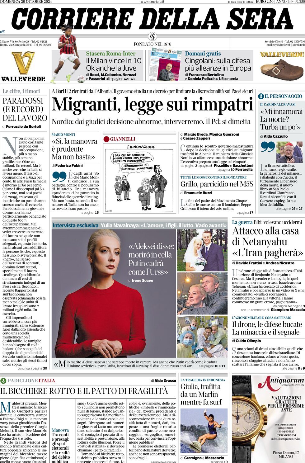 Prima-pagina-del-corriere-della-sera-edizione-di-oggi-20-10-2024