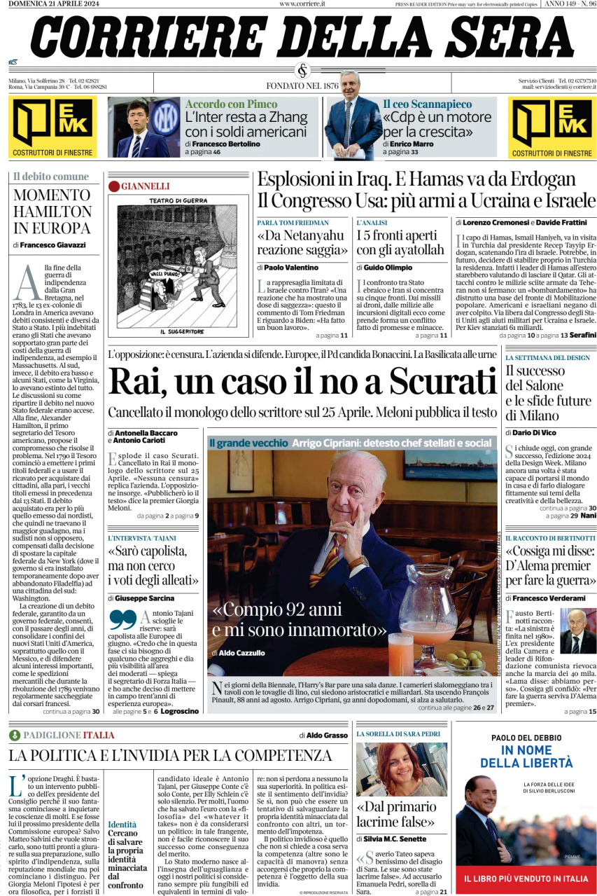 Prima-pagina-del-corriere-della-sera-edizione-di-oggi-21-04-2024