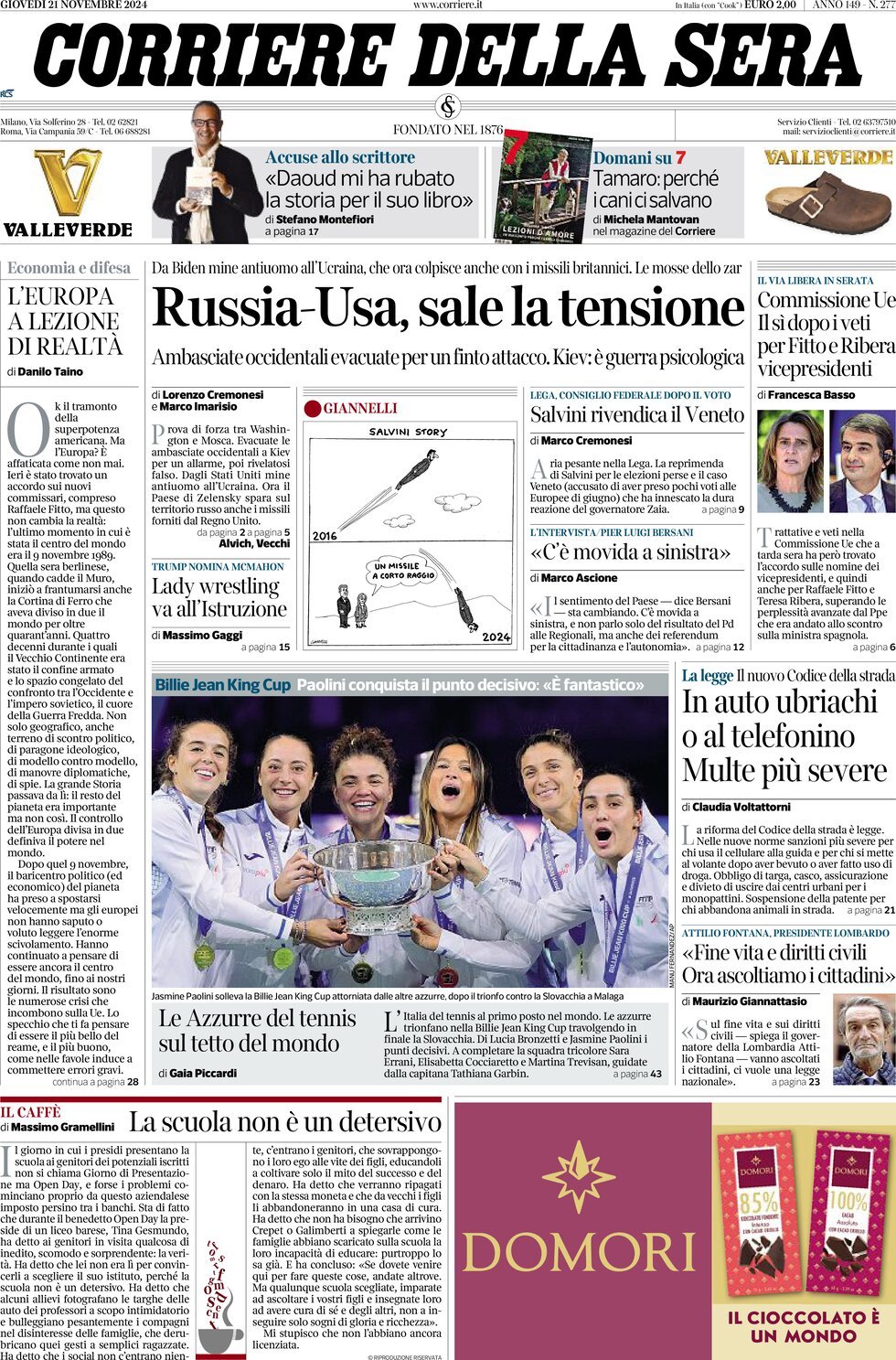 Prima-pagina-del-corriere-della-sera-edizione-di-oggi-21-11-2024