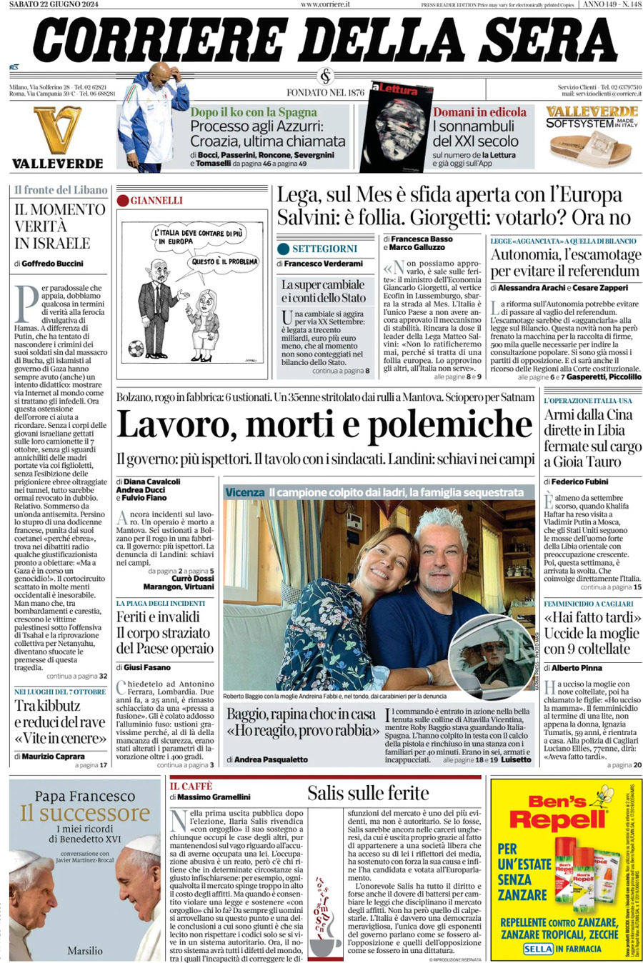 Prima-pagina-del-corriere-della-sera-edizione-di-oggi-22-06-2024