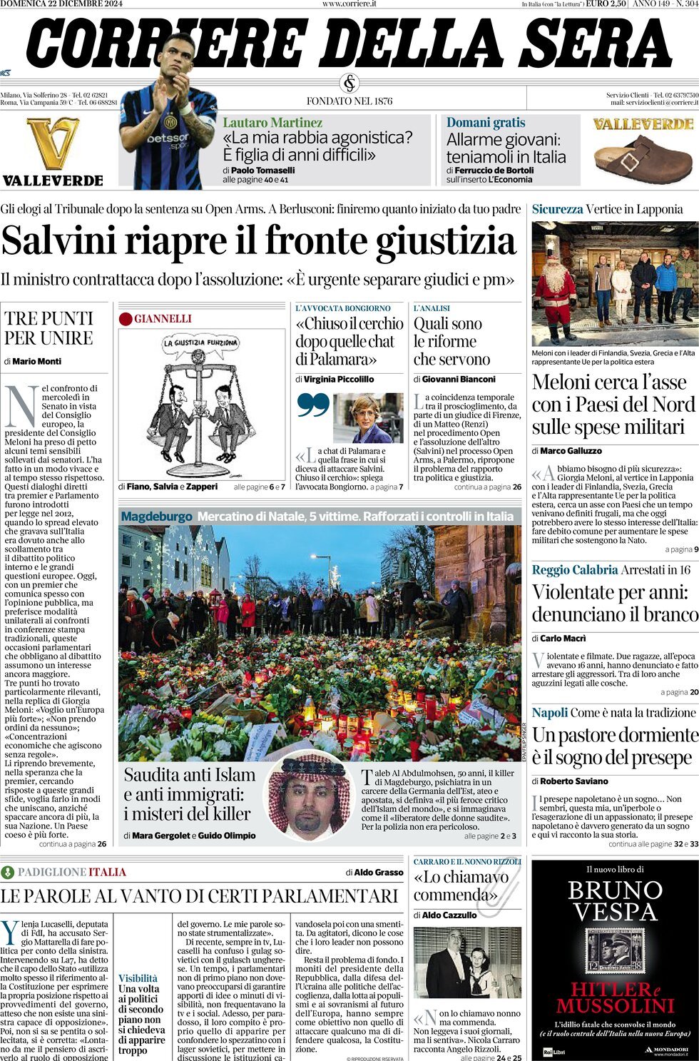 Prima-pagina-del-corriere-della-sera-edizione-di-oggi-22-12-2024