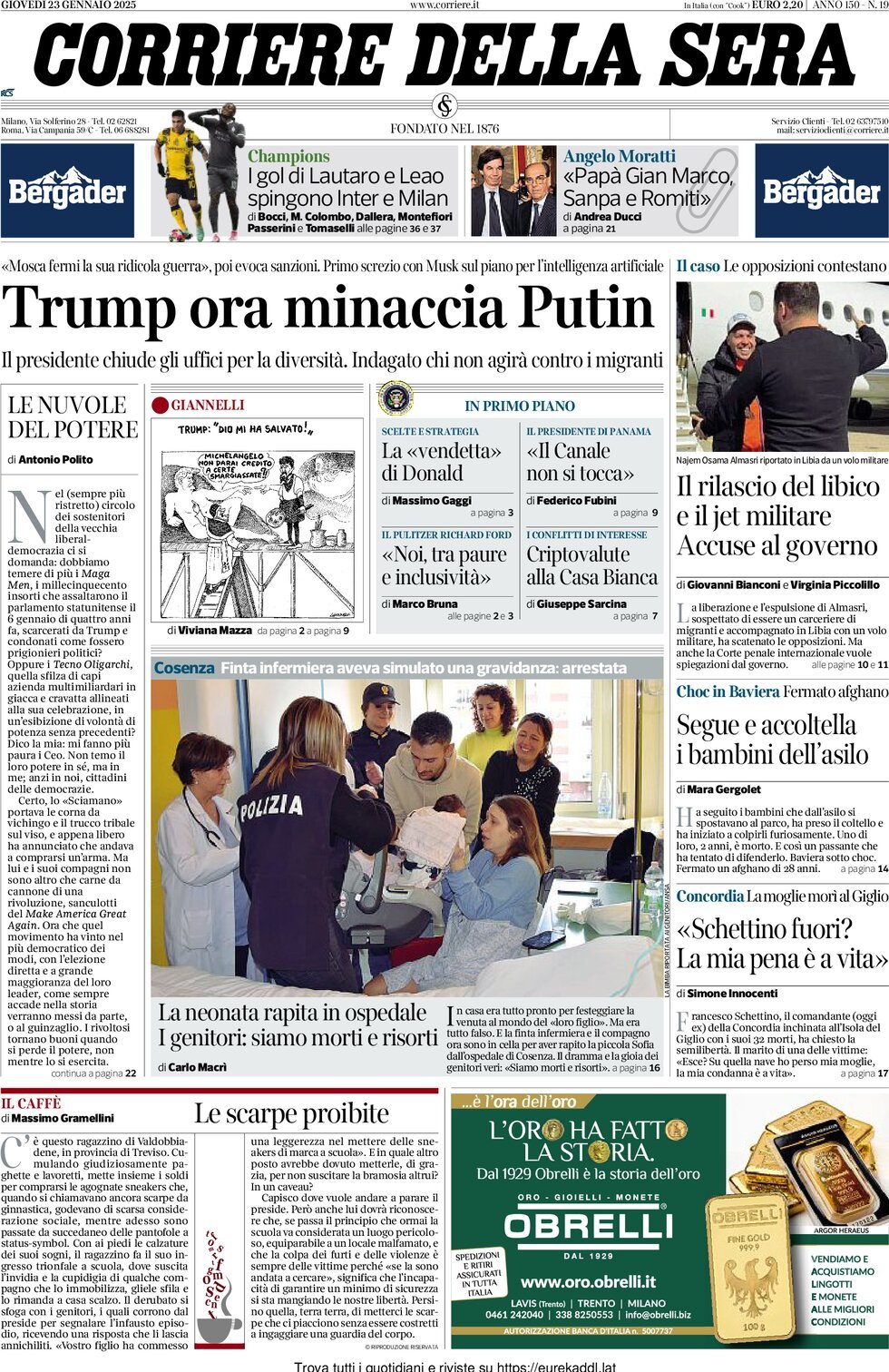 Prima-pagina-del-corriere-della-sera-edizione-di-oggi-23-01-2025